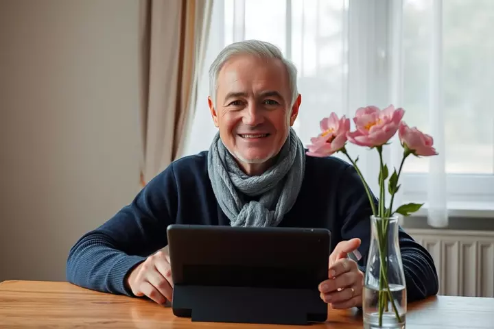 Un homme d’une soixantaine d’années aux cheveux argentés, en pull bleu marine et écharpe grise, sourit devant une tablette sur une table, près de fleurs roses
