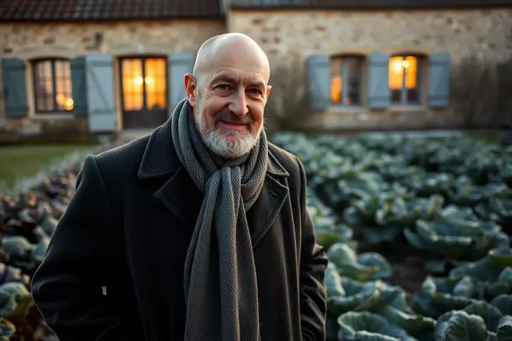Un homme chauve à la barbe grise soignée, d’une soixantaine d’années, en manteau noir et écharpe grise, sourit devant un potager de choux et une maison en pierre