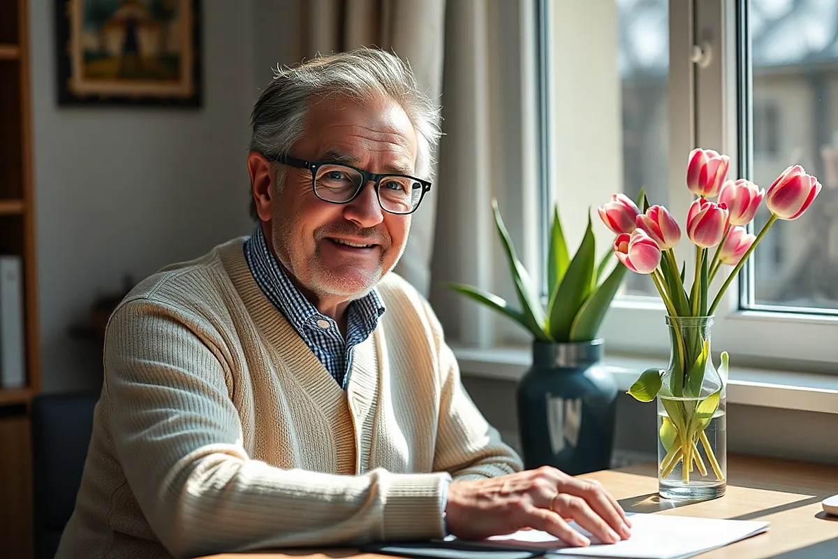 Un homme d’une soixantaine d’années à lunettes, en gilet crème, sourit assis près d’une fenêtre avec des tulipes roses dans un vase en verre