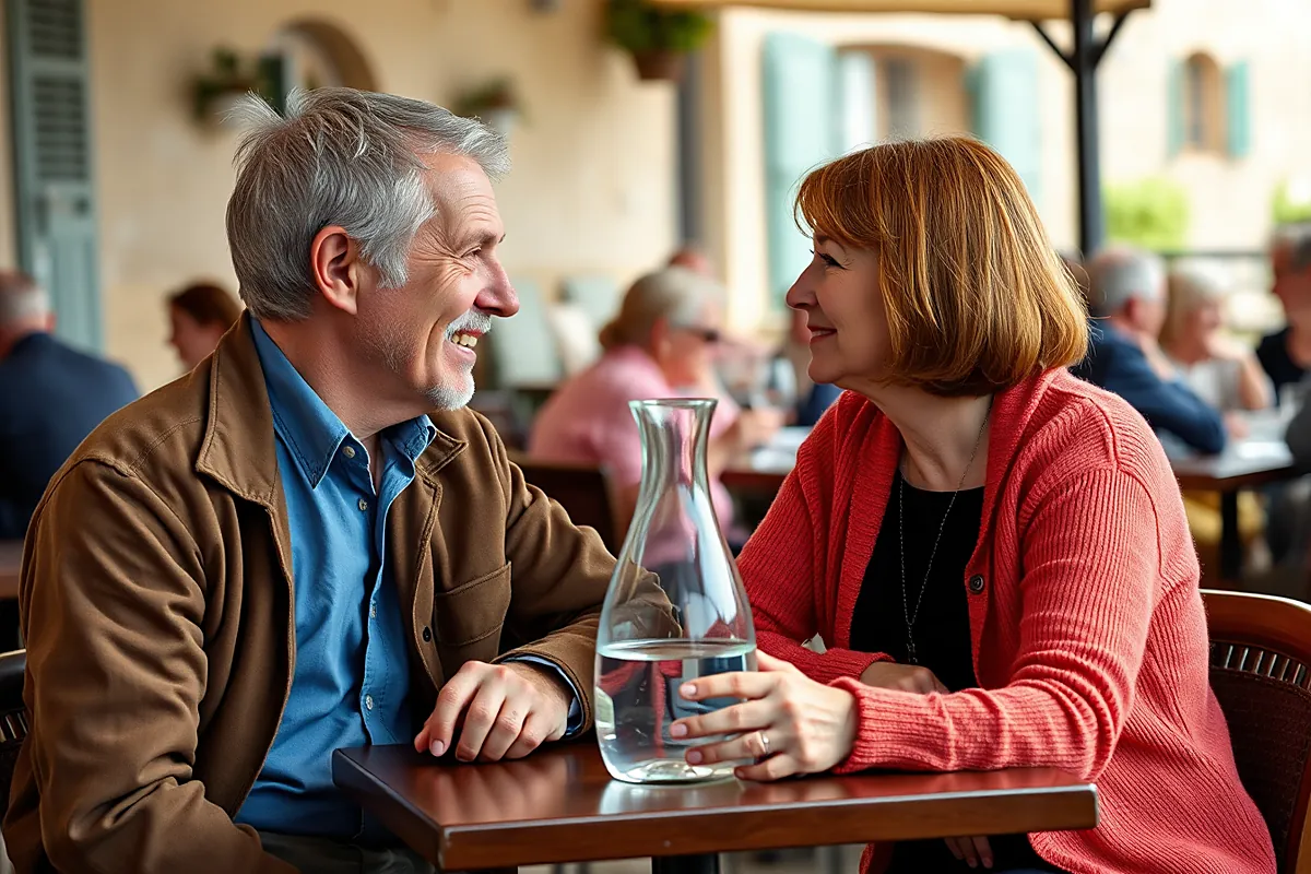 Un homme aux cheveux gris et une femme aux cheveux auburn, d’une soixantaine d’années, se sourient, attablés sur une terrasse devant une carafe d’eau