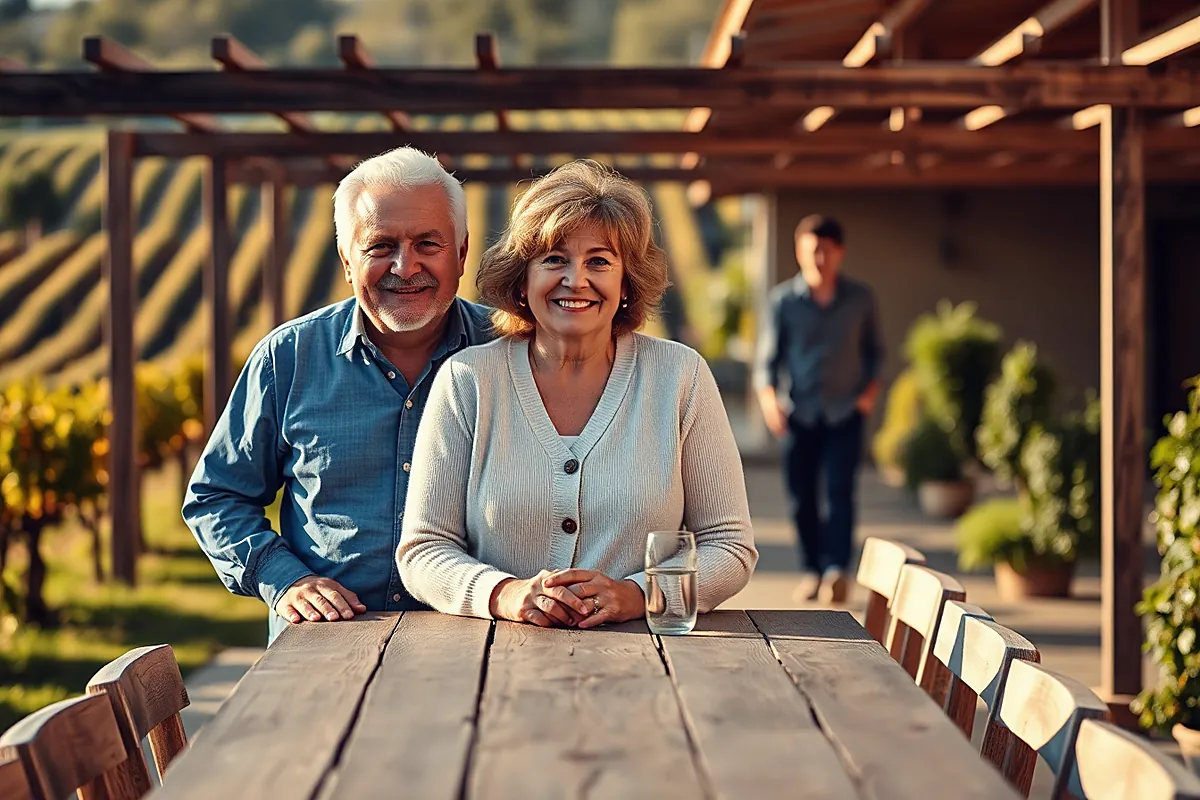 Un homme aux cheveux blancs, en chemise bleue, et une femme aux cheveux châtains en gilet clair, sourient derrière une longue table en bois sous une pergola de vignoble
