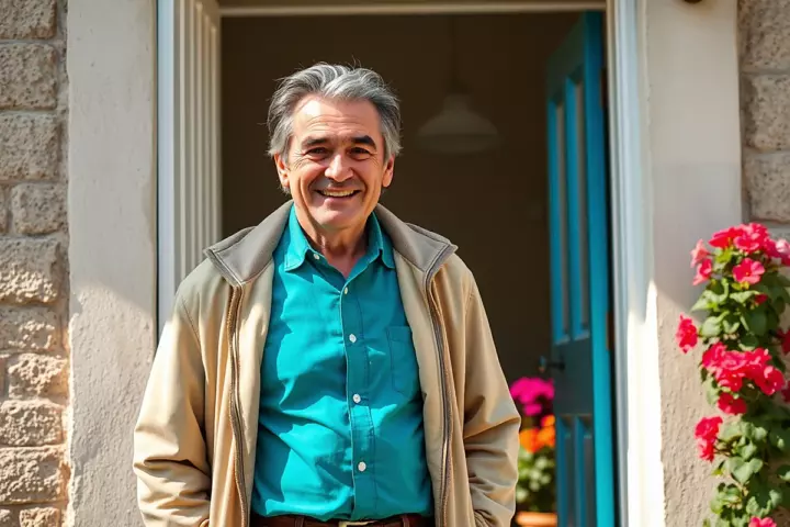 Un homme d’une soixantaine d’années, cheveux gris, chemise turquoise et veste beige, sourit sur le seuil d’une maison à la porte bleue, des fleurs roses