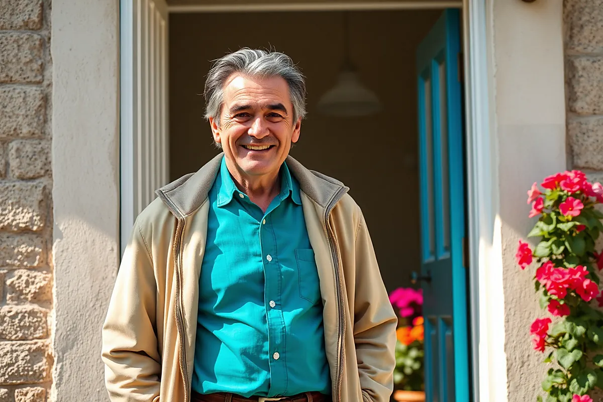 Un homme d’une soixantaine d’années, cheveux gris, chemise turquoise et veste beige, sourit sur le seuil d’une maison à la porte bleue, des fleurs roses