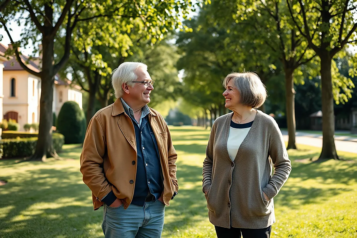 Un homme aux cheveux blancs et lunettes en veste camel et une femme au carré gris en gilet beige se sourient dans un parc ensoleillé