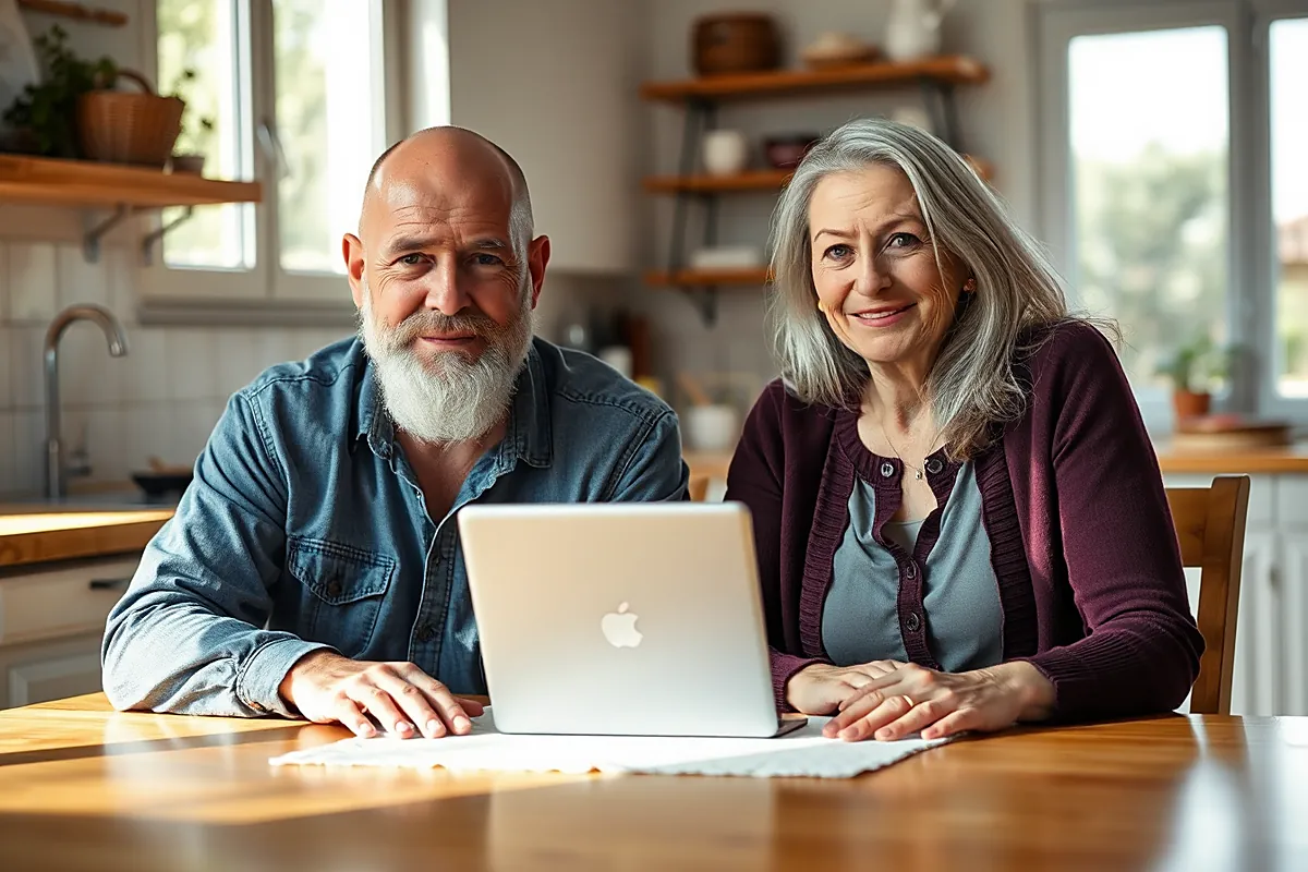 Un homme chauve à barbe blanche en chemise en jean et une femme aux longs cheveux argentés en gilet prune sourient à table devant un ordinateur