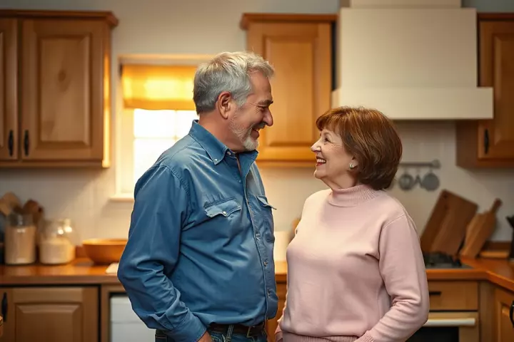 Un homme aux cheveux poivre et sel en chemise bleue et une femme rousse en pull rose se sourient timidement dans une cuisine en bois chaleureuse