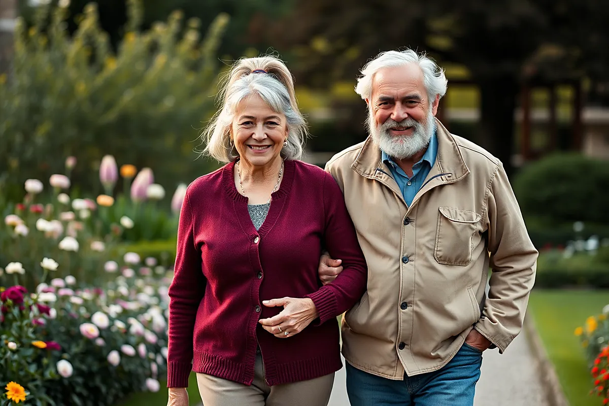 Un homme barbu en veste beige et une femme aux cheveux gris en cardigan bordeaux marchent bras dessus bras dessous dans un jardin fleuri