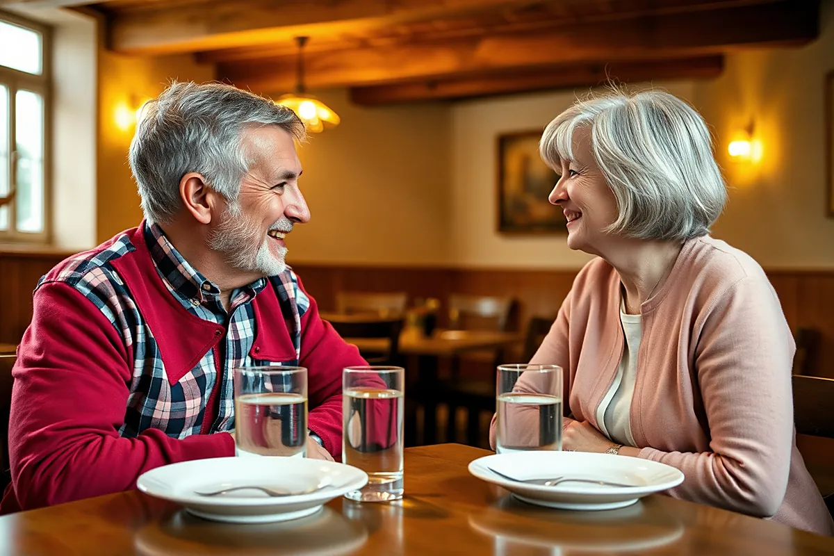 Un homme aux cheveux gris et à la barbe courte, en chemise à carreaux, rit avec une femme aux cheveux argentés, en gilet rose, à une table de restaurant en bois