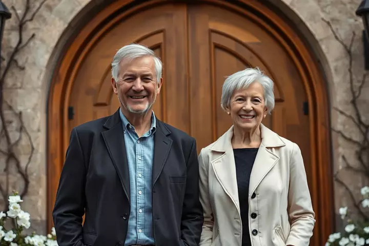 Un homme aux cheveux argentés, en blazer sombre sur chemise bleue, et une femme aux cheveux blancs courts, en manteau crème, sourient devant une grande porte voûtée en chêne