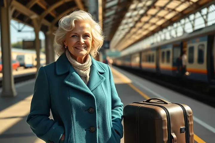 Une femme d’une soixantaine d’années aux cheveux blancs ondulés, en manteau bleu canard, sourit sur le quai ensoleillé d’une gare, près d’une valise brune