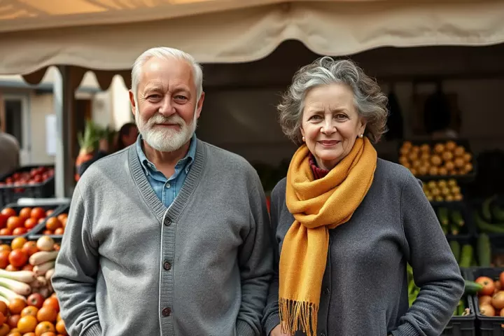 Un homme à barbe blanche en gilet gris et une femme aux cheveux bouclés gris avec une écharpe jaune posent devant un étal de marché