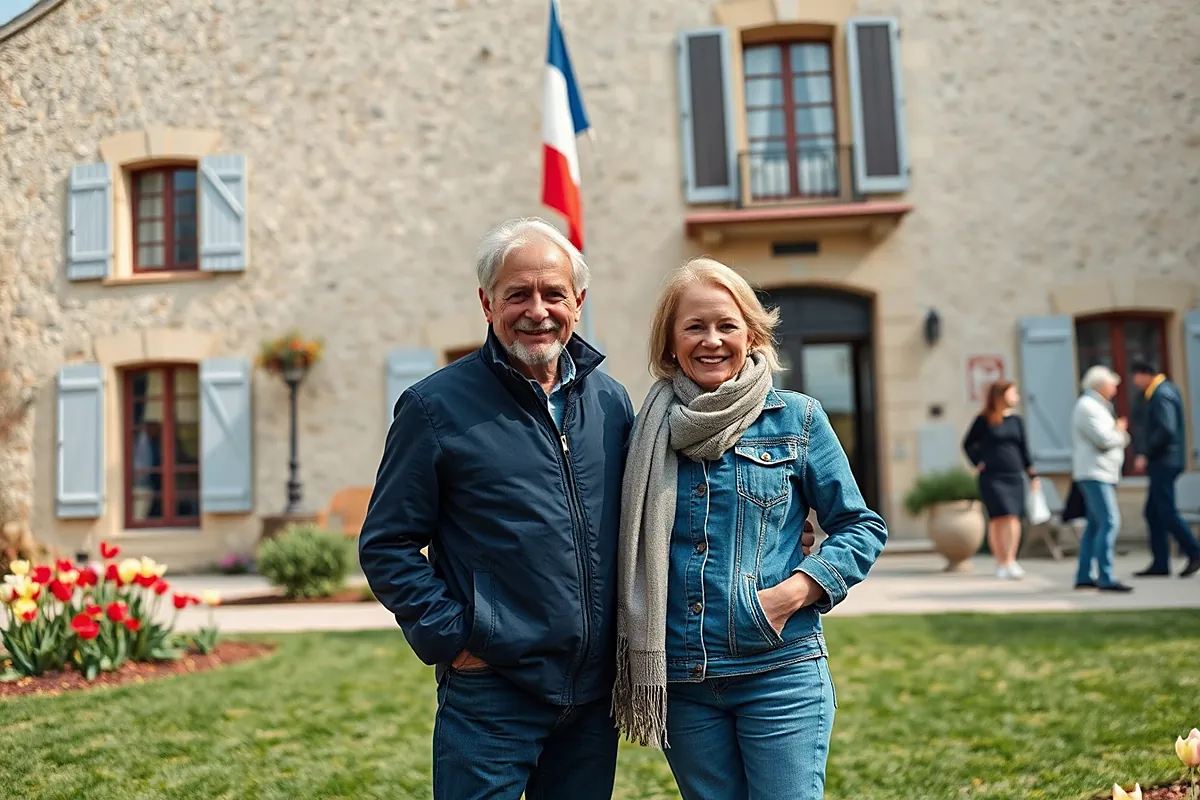 Un homme aux cheveux blancs en blouson marine et une femme blonde en veste en jean, souriants, devant une mairie de village fleurie de tulipes au printemps