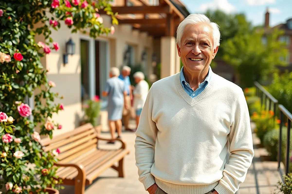 Un homme aux cheveux blancs, en pull crème sur chemise bleue, les mains dans les poches, souriant sur une terrasse fleurie de rosiers avec un banc en bois