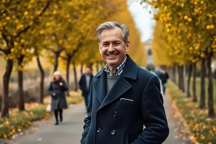 Un homme d’une soixantaine d’années aux cheveux gris, en manteau marine, sourit les mains dans les poches sur une allée bordée d’arbres dorés en automne