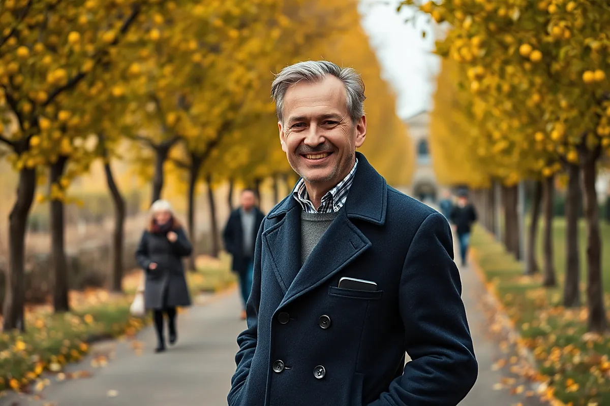 Un homme d’une soixantaine d’années aux cheveux gris, en manteau marine, sourit les mains dans les poches sur une allée bordée d’arbres dorés en automne