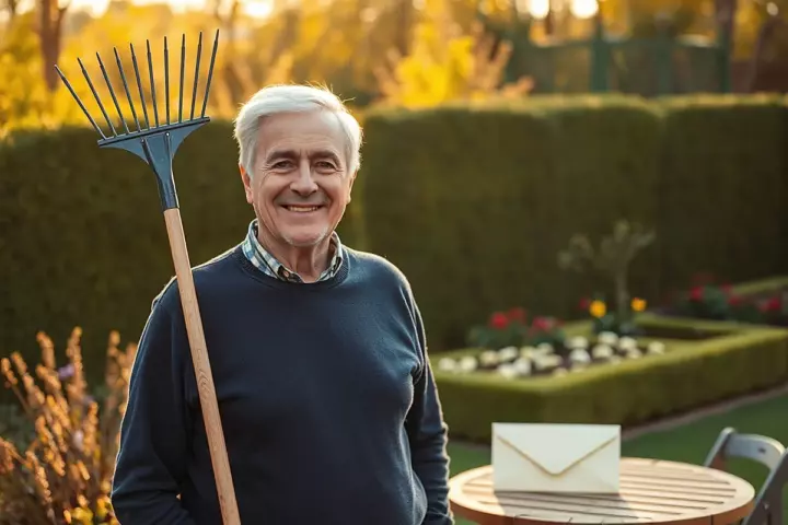 Un homme aux cheveux blancs en pull marine, un râteau sur l’épaule, sourit dans un jardin d’automne près d’une enveloppe posée sur une table ronde