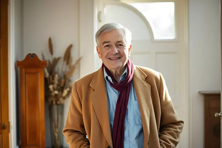 Un homme d’une soixantaine d’années aux cheveux argentés, en manteau camel, chemise bleu clair et écharpe bordeaux, sourit dans une entrée lumineuse