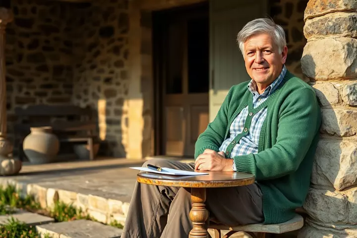 Un homme d’une soixantaine d’années, cheveux gris et gilet vert, sourit assis sur un porche en pierre devant une table ronde avec une feuille