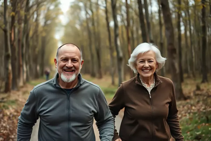 Un homme chauve à barbe grise en veste grise et une femme aux cheveux blancs en veste marron marchent en souriant dans une forêt d’automne