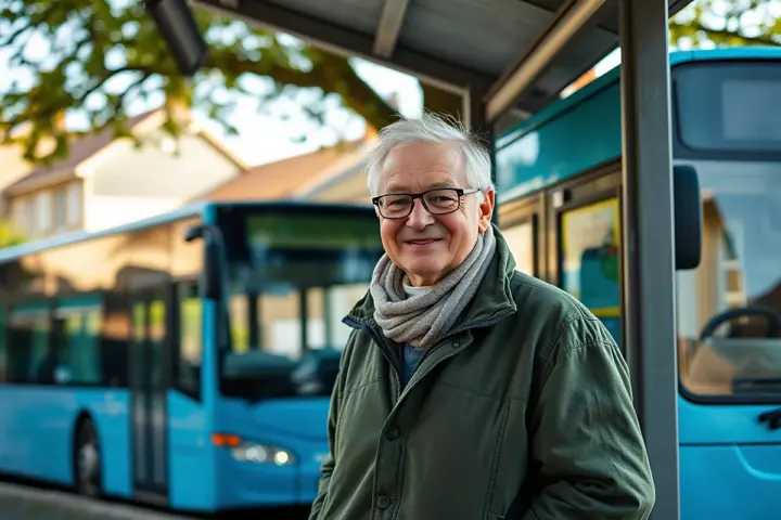 Un homme aux cheveux blancs et lunettes, en veste verte et écharpe grise, sourit à un arrêt de bus abrité, avec des bus bleus derrière lui