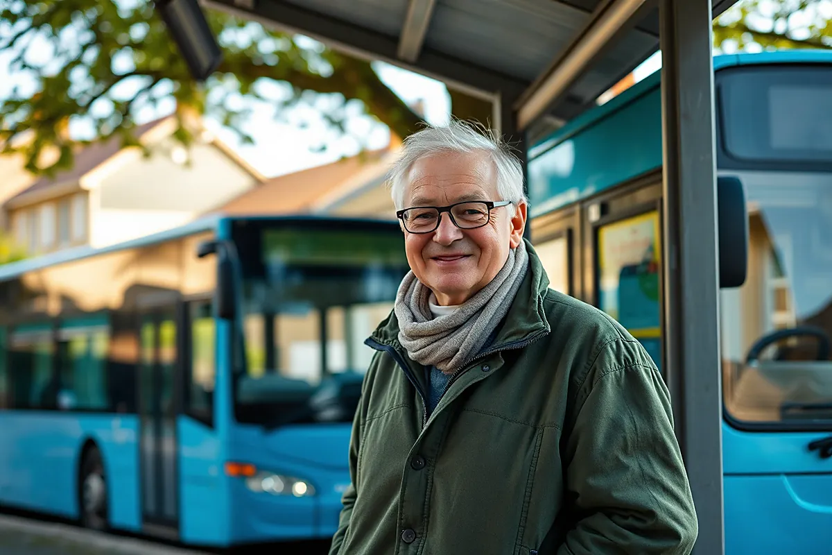 Un homme aux cheveux blancs et lunettes, en veste verte et écharpe grise, sourit à un arrêt de bus abrité, avec des bus bleus derrière lui
