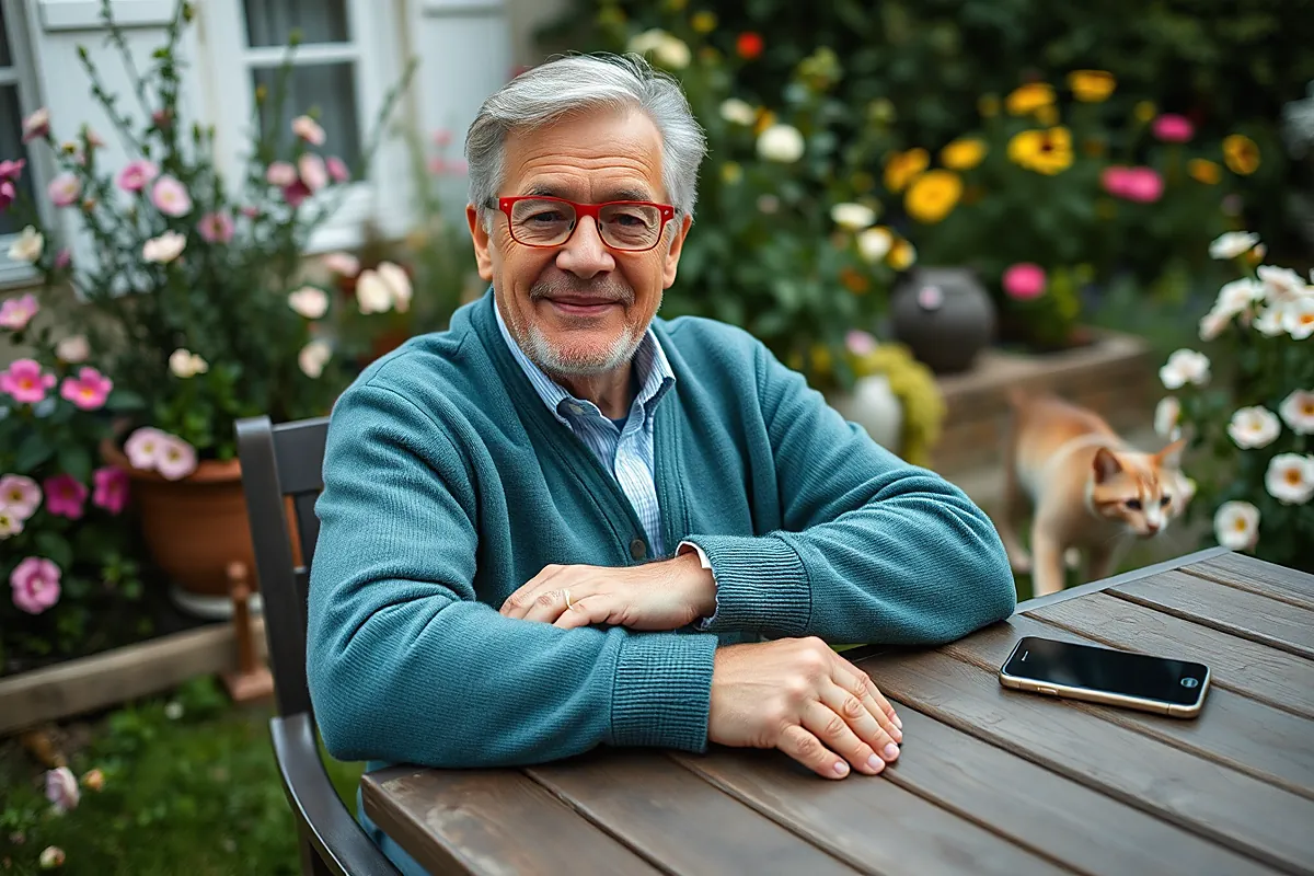 Un homme aux cheveux argentés et lunettes rouges, en gilet bleu canard, sourit à une table de jardin fleuri avec un téléphone éteint et un chat