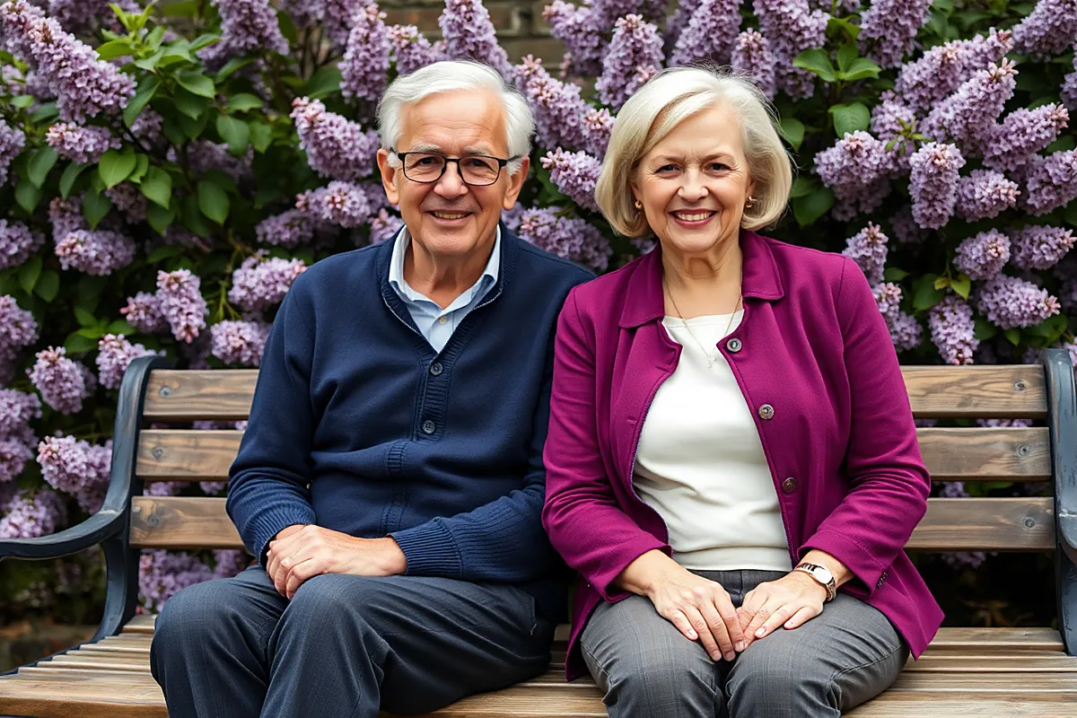 Un homme à lunettes en cardigan bleu marine et une femme blonde en veste prune, d’une soixantaine d’années, sourient assis sur un banc devant des lilas