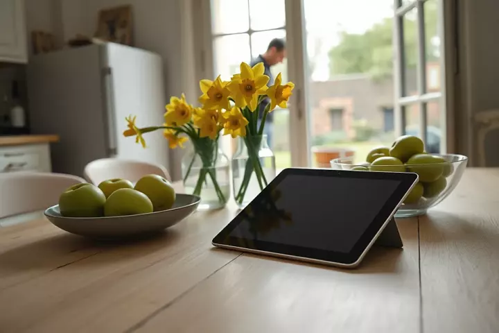 Une tablette à l’écran sombre posée sur une table en bois clair, à côté d’un vase de jonquilles jaunes et d’un plat de pommes vertes, devant une porte-fenêtre sur un jardin