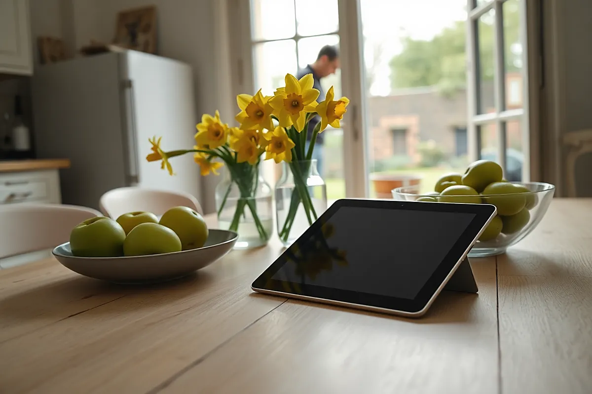 Une tablette à l’écran sombre posée sur une table en bois clair, à côté d’un vase de jonquilles jaunes et d’un plat de pommes vertes, devant une porte-fenêtre sur un jardin