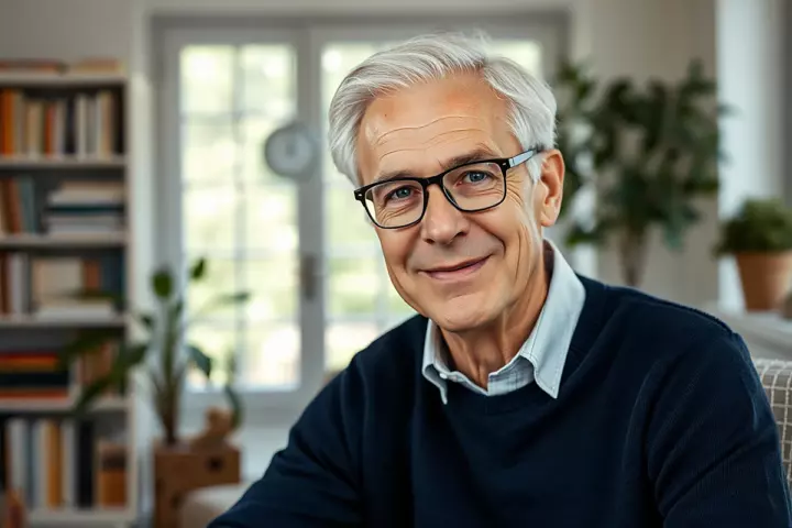 Portrait d’un homme d’une soixantaine d’années aux cheveux blancs et lunettes à monture noire, en pull bleu marine sur chemise claire, souriant dans un salon lumineux