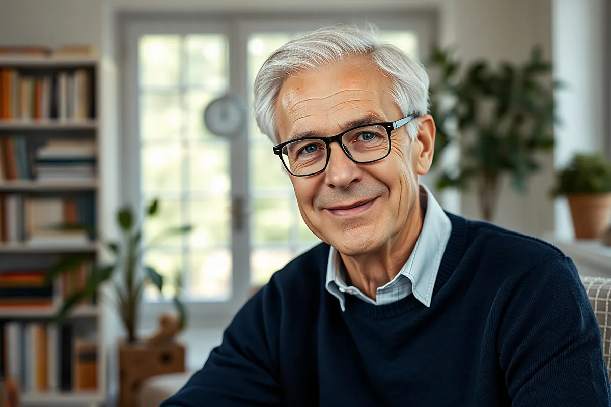 Portrait d’un homme d’une soixantaine d’années aux cheveux blancs et lunettes à monture noire, en pull bleu marine sur chemise claire, souriant dans un salon lumineux