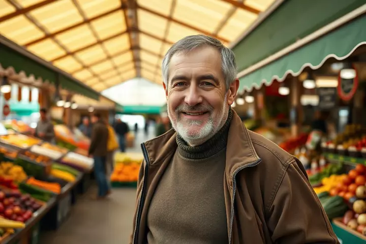 Un homme d’une soixantaine d’années, barbe grise taillée et blouson brun sur pull olive, sourit dans une halle de marché couverte aux étals de fruits