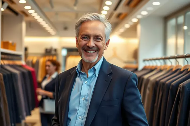 Un homme d’une soixantaine d’années aux cheveux argentés et à la barbe courte sourit dans une boutique de vêtements, en veste bleu marine et chemise bleu clair