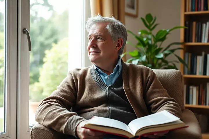 Un homme d’une soixantaine d’années, en gilet marron, un livre ouvert sur les genoux, regarde par la fenêtre depuis son fauteuil, bibliothèque et plante verte