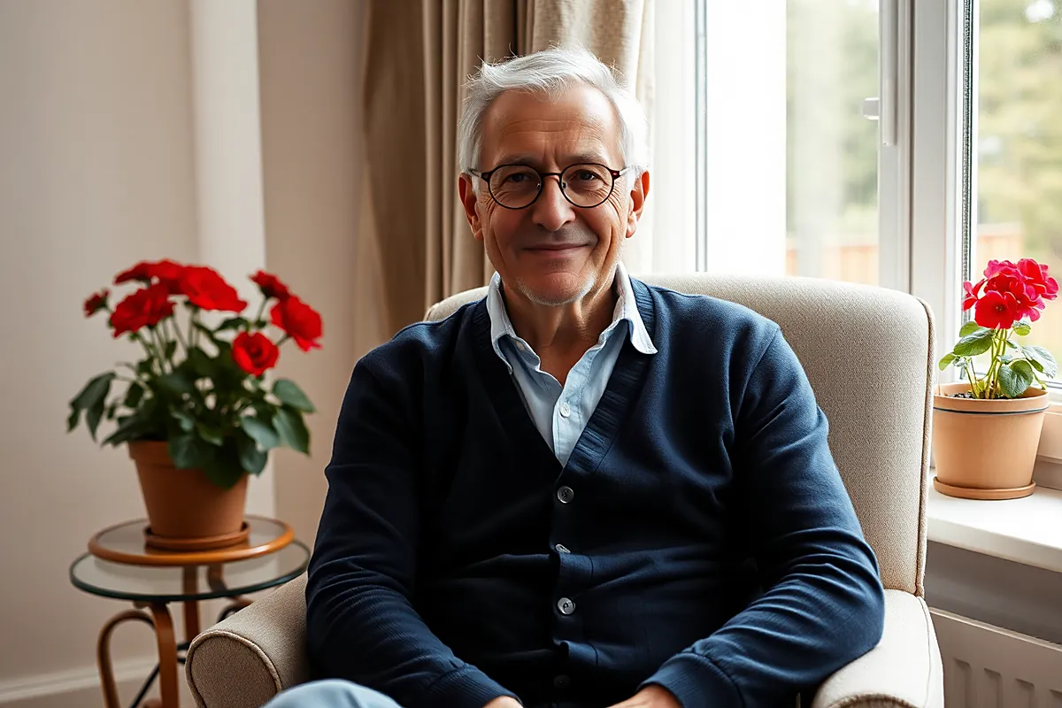 Un homme d’une soixantaine d’années, cheveux gris et lunettes rondes, en gilet bleu marine, souriant dans un fauteuil crème près d’une fenêtre et de géraniums rouges