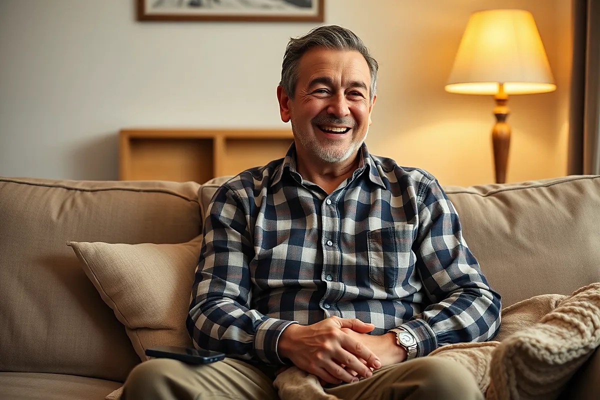 Un homme d’une soixantaine d’années en chemise à carreaux rit, assis sur un canapé beige, les mains jointes, avec un téléphone posé près de lui