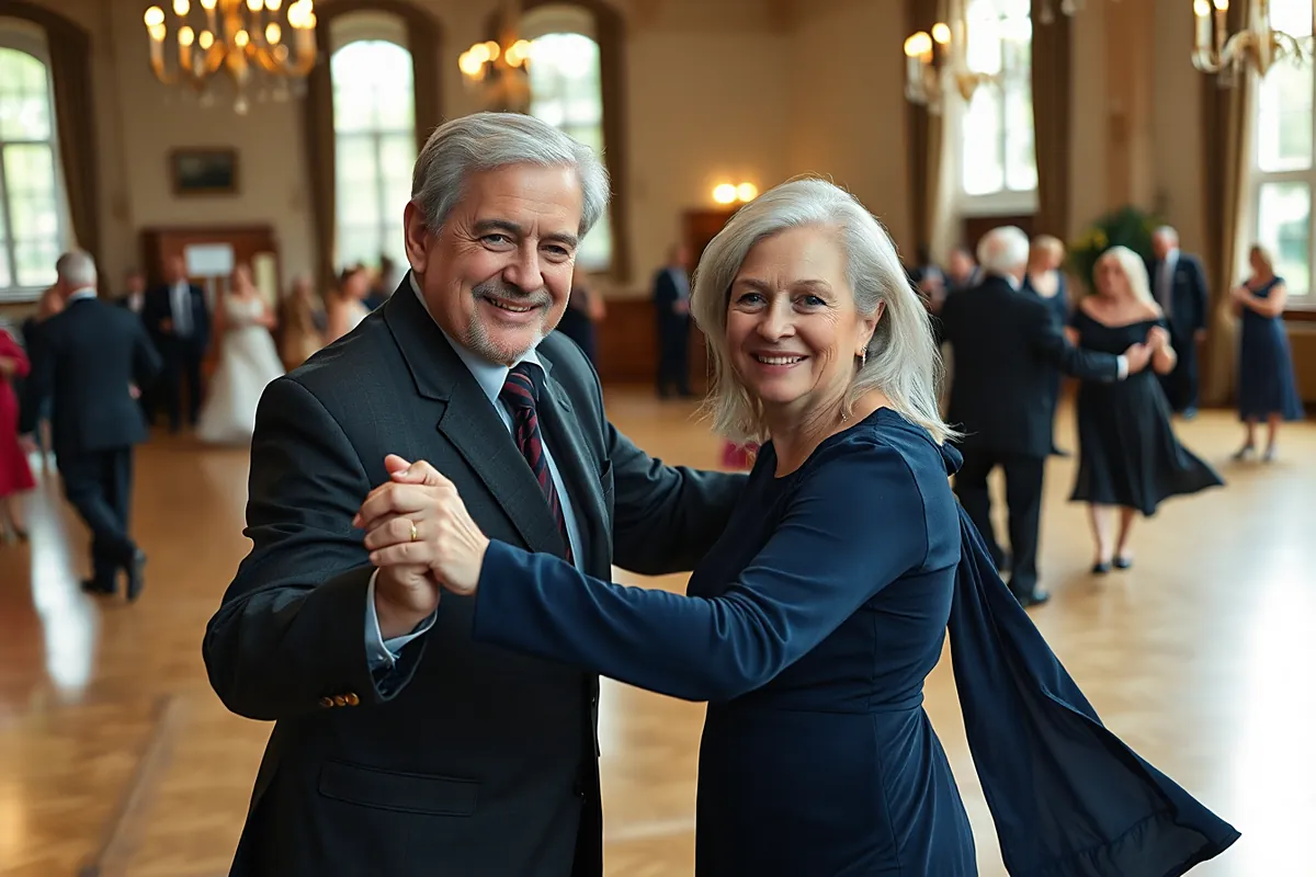 Un homme en costume sombre et cravate et une femme aux cheveux argentés en robe bleu nuit dansent en souriant dans une salle de bal au parquet clair
