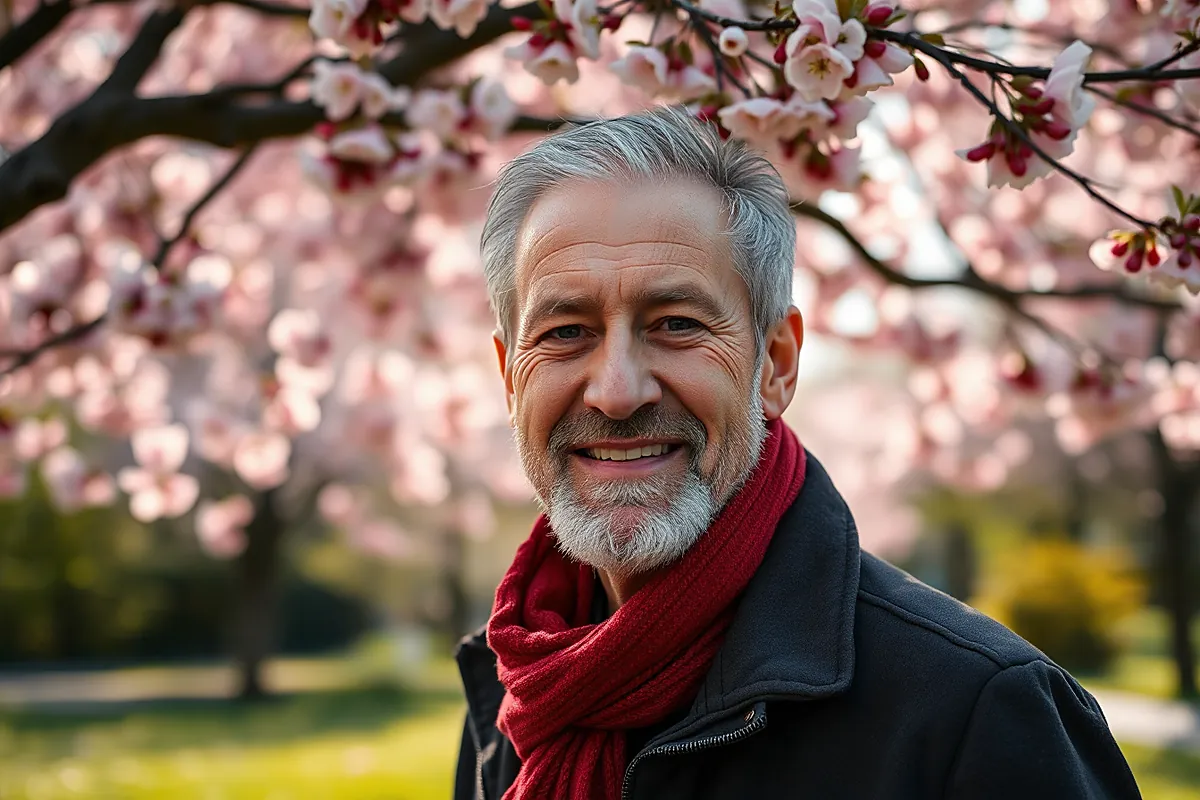 Un homme d’une soixantaine d’années, cheveux gris et barbe courte, écharpe rouge et veste sombre, riant sous un cerisier en fleurs dans un parc au printemps