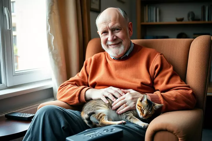 Un homme chauve d’une soixantaine d’années, barbe grise, pull orange, sourit dans un fauteuil près d’une fenêtre, les mains posées sur un chat tigré endormi