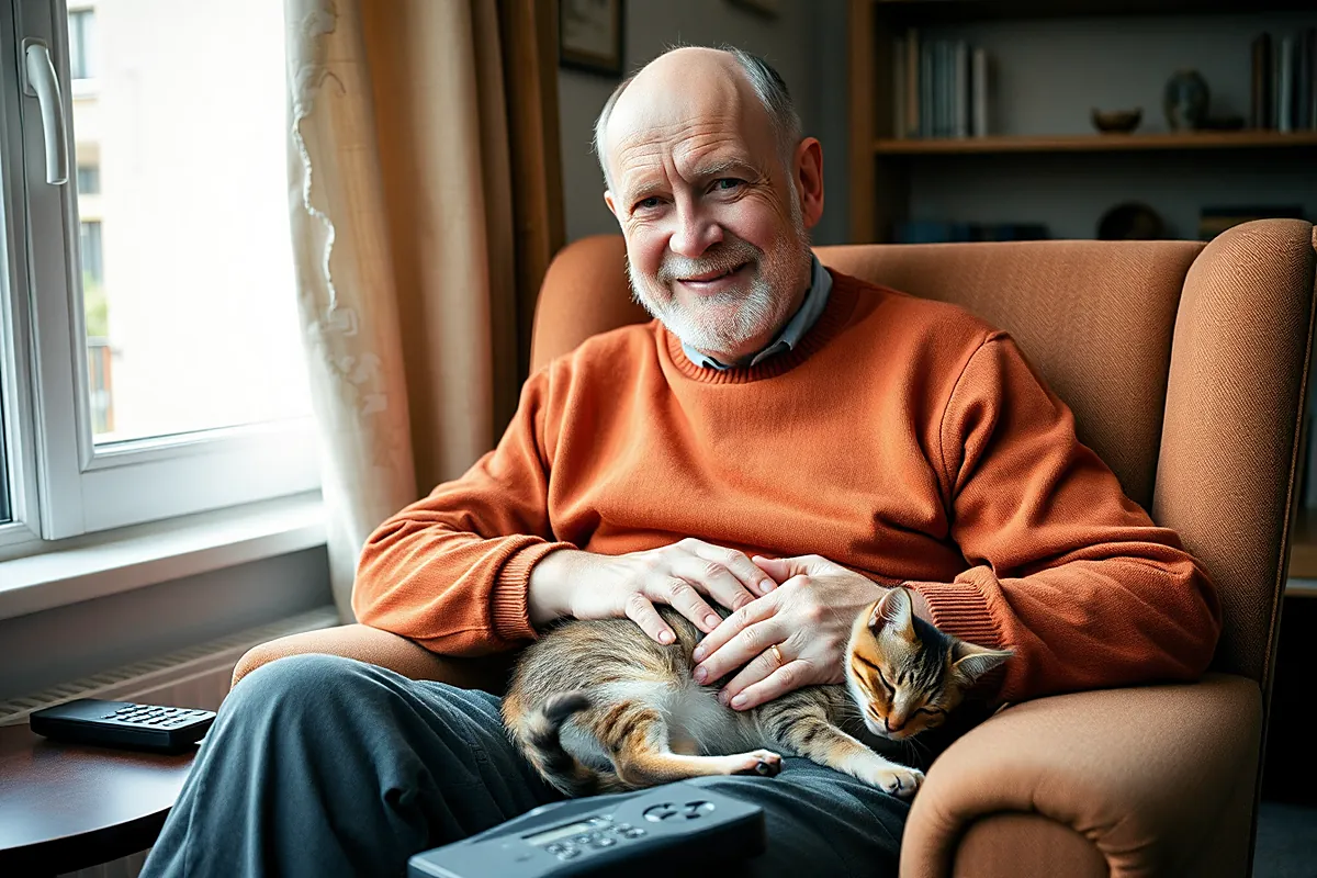 Un homme chauve d’une soixantaine d’années, barbe grise, pull orange, sourit dans un fauteuil près d’une fenêtre, les mains posées sur un chat tigré endormi