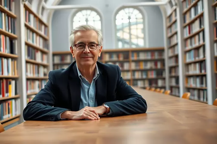 Un homme d’une soixantaine d’années aux cheveux argentés et lunettes, en blazer bleu marine, les mains jointes sur une longue table de bibliothèque lumineuse