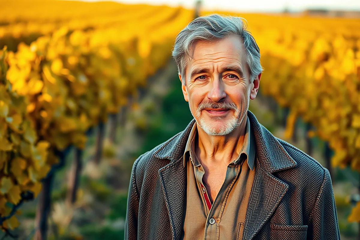 Portrait d’un homme d’une soixantaine d’années aux cheveux gris et à la moustache soignée, en veste de tweed, regardant calmement devant des vignes dorées d’automne