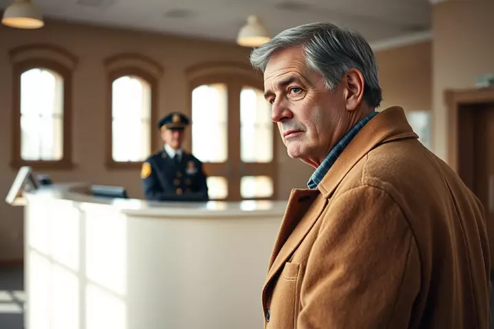 Un homme aux cheveux gris en manteau camel, l’air songeur et déterminé, se tient de profil dans un hall lumineux devant un comptoir d’accueil et un agent en uniforme flou