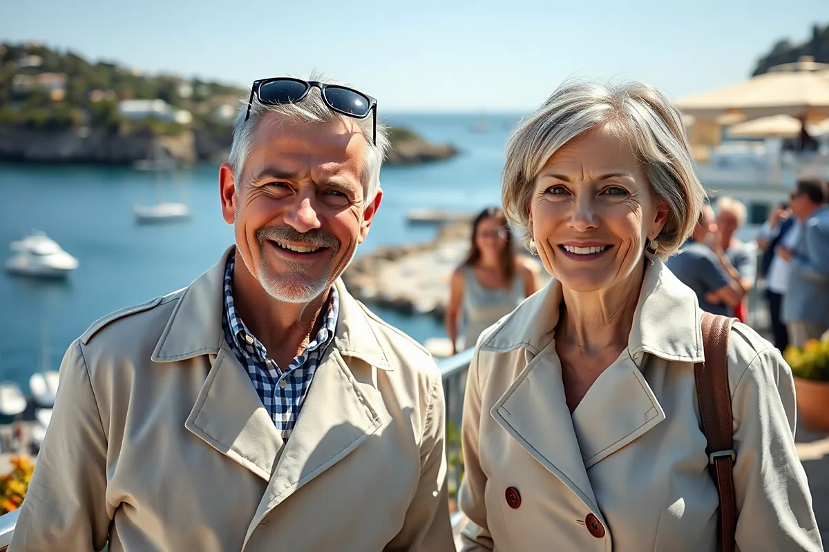 Un homme et une femme d’une soixantaine d’années, en trench beige, sourient sur une terrasse au bord de la mer, lunettes de soleil relevées